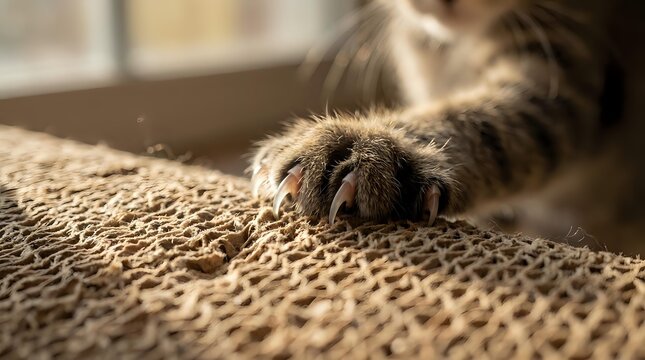 Close-up of a tabby cat paw with sharp claws extended on a textured sisal scratching surface in warm natural light.