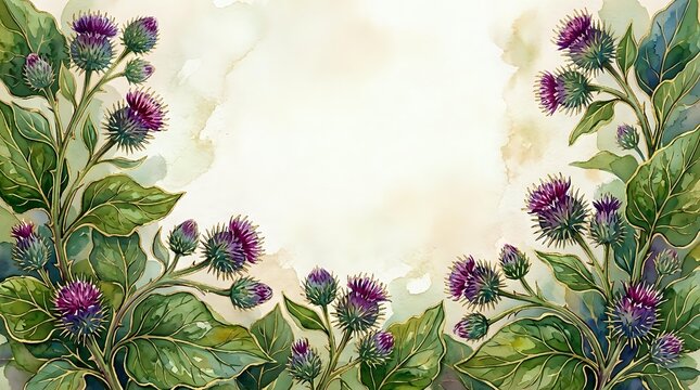 Watercolor thistle floral frame with purple blooms and green leaves on a soft beige background, perfect for cards, invitations, and nature designs.