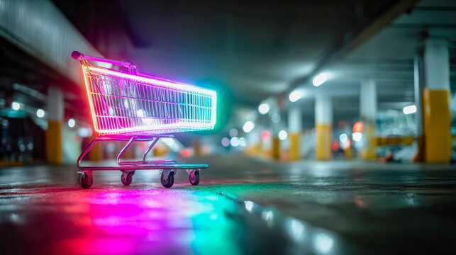 Neon glowing shopping cart in empty parking garage, creative retail concept with futuristic colorful reflections