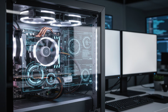 Workstation computer tower with transparent side and cybersecurity holograms