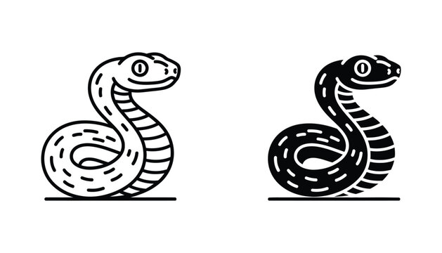 Stylized black and white vector illustration of a coiled snake icon in outline and silhouette forms isolated on a white background