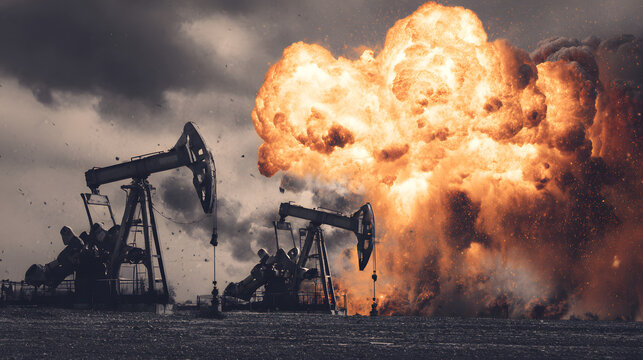 The geopolitical energy crisis is characterized by rising oil prices and conflict with explosive imagery and tension.