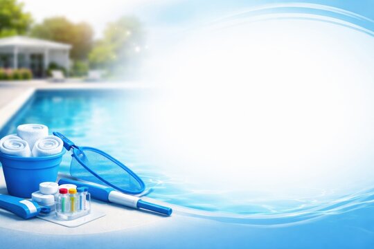 Cleaning tools and supplies are neatly placed beside a sparkling blue pool under the sun, ready for use on a warm day.