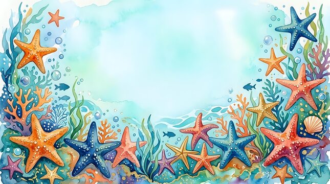 Watercolor underwater border frame with colorful starfish, coral, seaweed, and bubbles on a light blue background with copy space.