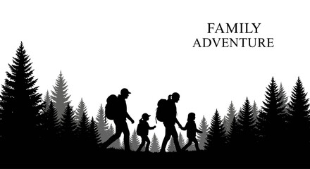 Silhouette of a family hiking together through a pine forest. © Eijaz_Rahmat