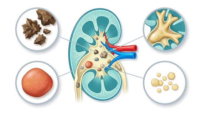 Anatomical diagram of human kidney showing various types of stones and internal structures with clear callouts for education