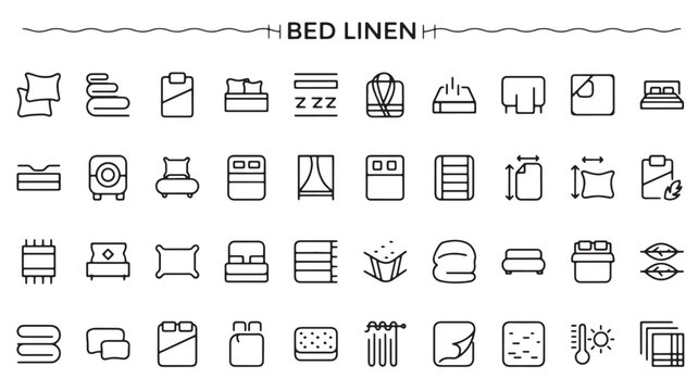 Bedding and Bed Linen Line Icons Set for Bedroom Interior and Hospitality Design