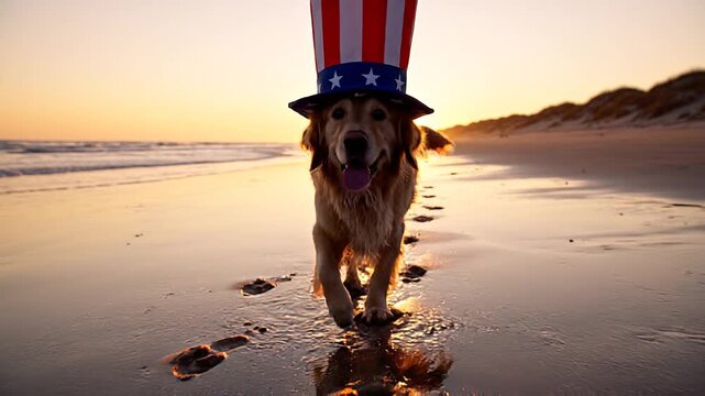 Golden Retriever Dog Wearing Uncle Sam Hat Running on Beach at Sunset Patriotic Costume Cute Animal Summer Lifestyle Scene
