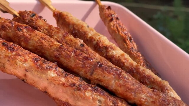 Grilled meat skewers on a white plate, browned and seasoned with spices, warm lighting suggests a hearty meal, ideal for barbecue menus and street food themes