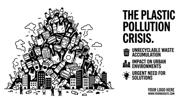 Illustration of a city skyline buried under a massive mountain of plastic waste.