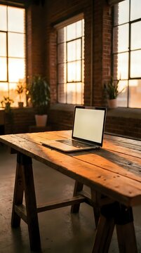 Laptop with blank screen on rustic wooden desk in warm sunlit loft with brick walls, plants, and golden hour light.