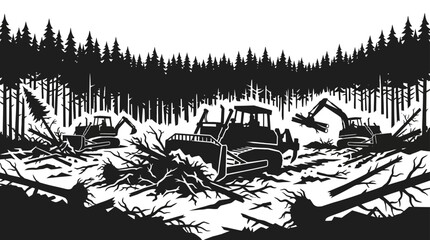 Black and white illustration of heavy construction machinery clearing forest. © Eijaz_Rahmat