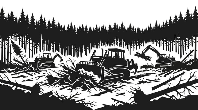 Black and white illustration of heavy construction machinery clearing forest.