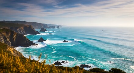Fototapeta premium Dramatic coastal cliffs overlooking turquoise waters and rocky outcrops at sunset