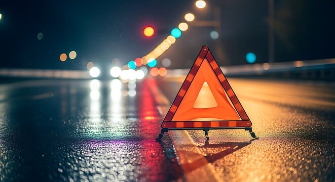 Illuminated road construction cone at night a safety barrier in urban environment
