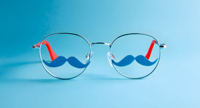 April fool's day glasses with fake mustaches, a funny joke accessory, and a blue background for humor and laughter on all fool's day.