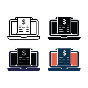 Online billing icon set digital invoice and receipt on laptop screen with dollar sign epayment and financial statement symbols, isolated on white background