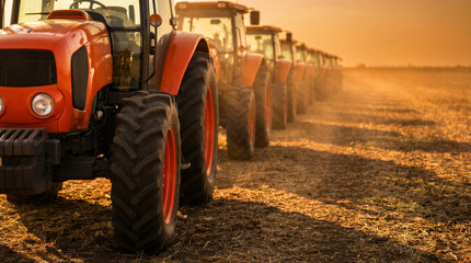 Fototapeta premium Row of orange tractors in a field at sunset, agricultural machinery for farming and harvesting in a rural landscape