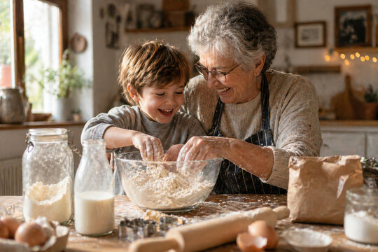 Nonna e nipote felici impastano insieme in una cucina rustica e accogliente. Generative AI 
