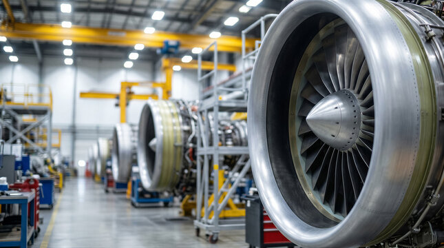Jet engine manufacturing facility with multiple turbine engines lined up in a workshop