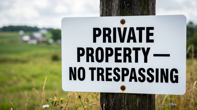 Private property no trespassing sign on a wooden post in a rural field with a farmhouse in the background