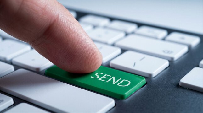 Closeup of a finger pressing a green send button on a computer keyboard