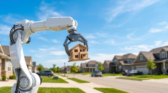 Robotic arm holding a miniature wooden house model against a blurred suburban neighborhood background, representing automated construction