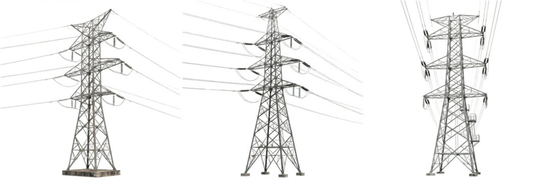 Industrial High Voltage Electricity Transmission Tower Pylon Isolated on Transparent Background Power Energy PNG Asset.