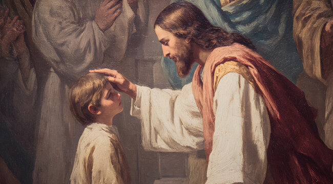 Jesus blessing a child. The prophet touches the boy's head in a gesture of love and grace in a historical setting. Divine religious art.