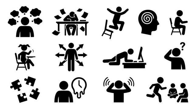 ADHD Symptoms Silhouette Icon Set &ndash; Attention Deficit, Hyperactivity and Neurodiversity Concepts