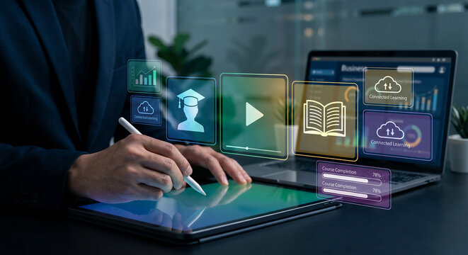 Person using digital tablet with interactive learning icons and graphs floating above, isolated on transparent background, e-learning concept.