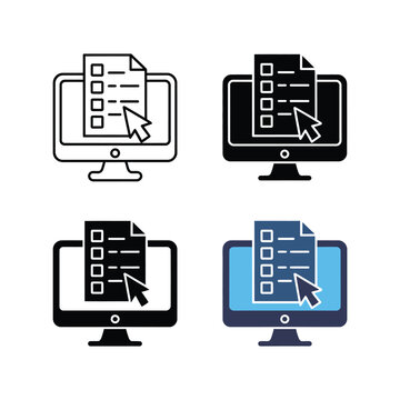 Set of computer monitor icons with online survey or checklist document on screen, digital form and questionnaire symbols, vector illustration
