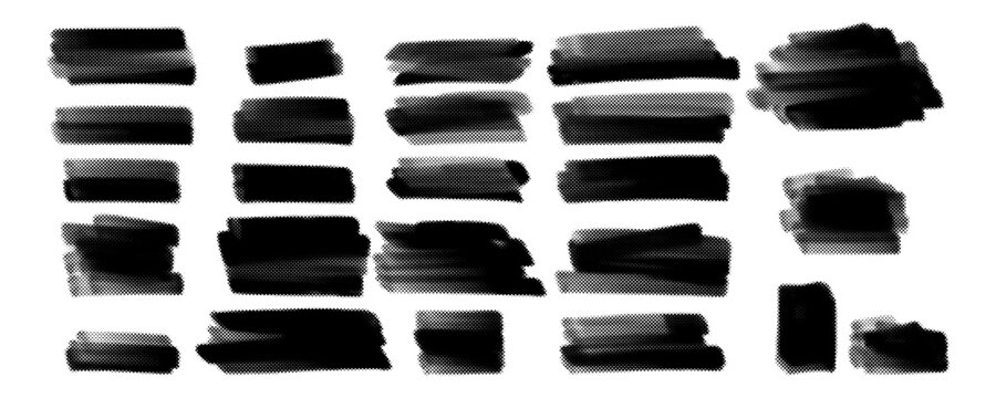 Big set of black halftone brush strokes with dot pattern in hand drawn style. Creative abstract paint smear collection for urban street art and modern graphic design background elements.