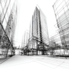 Fototapeta premium 3D illustration modern architecture urban. Architecture building construction perspective line drawing design abstract background.