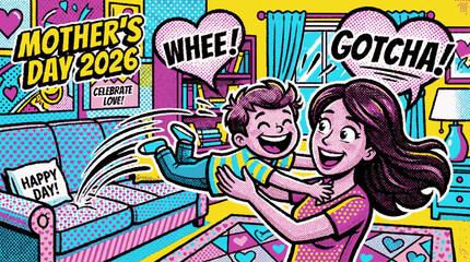 Fototapeta premium Vibrant vector mother's day 2026 illustration of happy mother and child playing indoors with speech bubbles