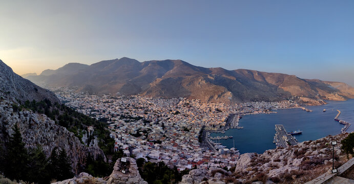 Kalymnos town (also called Pothia or Pothaia), capital of Kalymnos island, Greece. View from Saint Savvas the New, the Kalymnian Monastery.