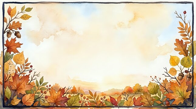 Watercolor autumn leaves frame with warm orange, yellow and brown foliage border on textured paper background for seasonal greeting cards and fall designs.