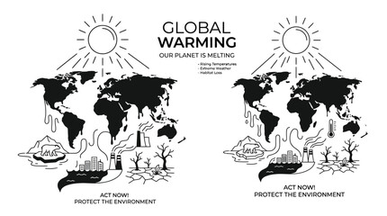 Global Warming Concept Illustration Showing Melting World Map and Environmental Pollution. © Camilia_Deena