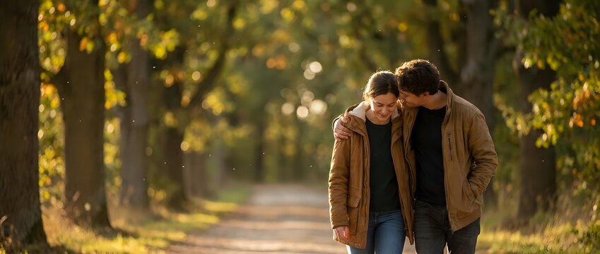 Young couple walking together on tree-lined path in warm autumn light, romantic outdoor lifestyle moment for relationship and love concepts.