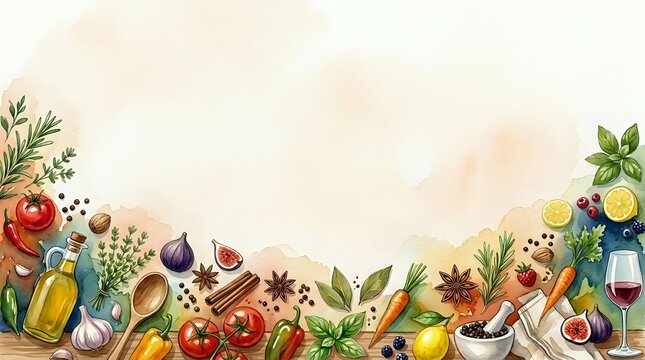 Culinary ingredients and spices border frame with fresh vegetables, herbs, oils and seasonings on light background for cooking and recipe design.