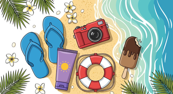 Summer vacation essentials arranged on beach sand top view illustration.