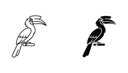Hornbill bird icon set in linear and solid black styles for exotic wildlife and nature design projects © Opulent