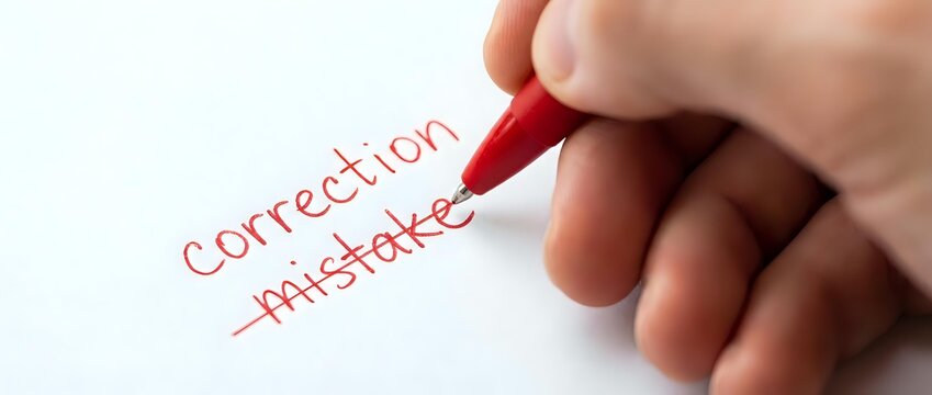 Hand holding red pen crossing out word mistake and writing correction on white paper for proofreading and editing concept.