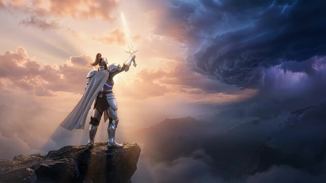 Courageous warrior raises weapon amid chaotic elemental storm atop lonely cliff