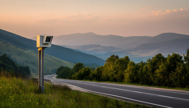 A winding highway road is monitored by speed cameras in rural areas to keep an eye on traffic safety and law enforcement during the golden hour with rolling green hills as a backdrop.