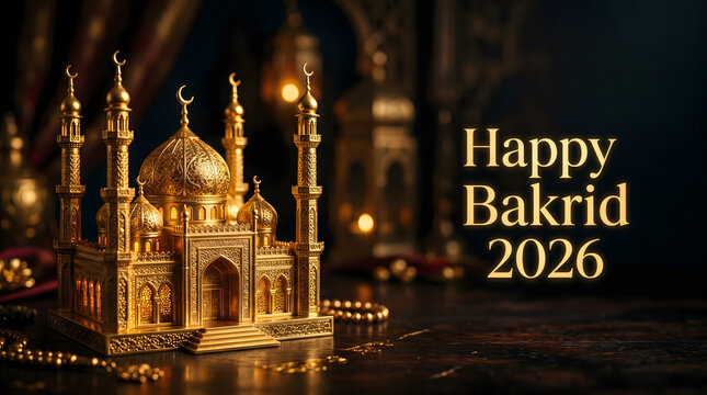 Golden mosque miniature with lanterns on dark luxury bakrid celebration background