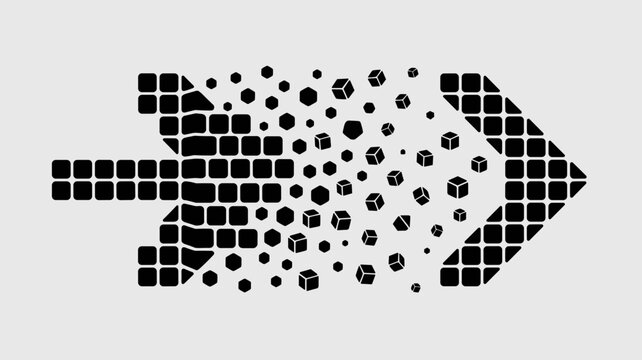 Arrow dissolving into floating cubic pixels &ndash; Perfect for digital transformation, software development, or architectural rebuilding.