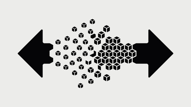 Cubic fragments reassembling into a new arrow &ndash; Great for reorganization, corporate restructuring, or modular construction themes.
