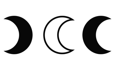 Fototapeta premium Moons depicted in a sequence show two dark crescent shapes framing a single outlined central crescent to represent lunar phases through a minimalist graphic arrangement on a stark white background.