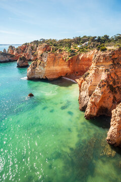 Vertical view over Praia Joao De Arens beach near Portim&atilde;o, Algarve - Portugal